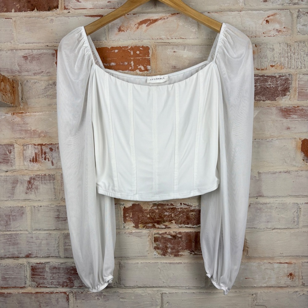 Attirance White Corset Crop Top Puff Sleeve Mesh Square Neck Balletcore Coquette